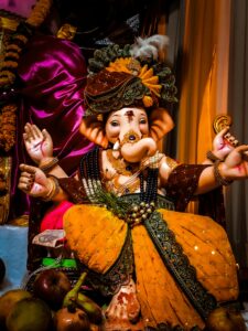 Colorful Ganesh idol exquisitely decorated for Ganesh Chaturthi celebration.